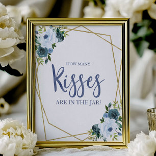 Dusty Blue Gold Floral Hoeveel Kisses ondertekenen Poster