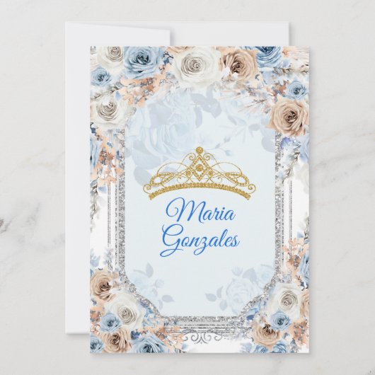 Dusty Blue & Gold Floral Mis XV Anos Uitnodiging (Achterkant)