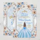 Dusty Blue & Gold Floral Mis XV Anos Uitnodiging (Voorkant / Achterkant)