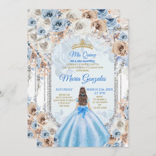 Dusty Blue & Gold Floral Mis XV Anos Uitnodiging (Voorkant / Achterkant)