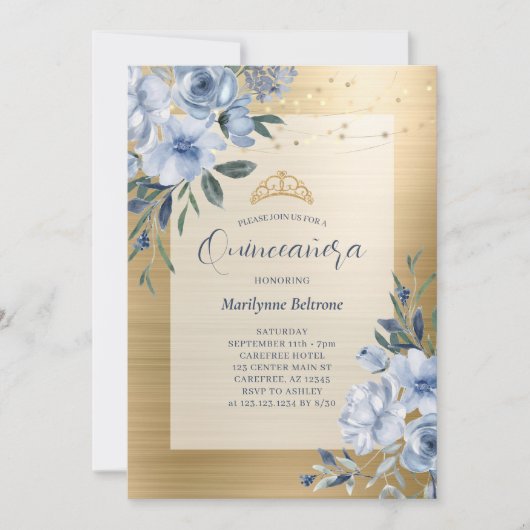 Dusty Blue Gold Floral Quinceañera Kaart (Voorkant)