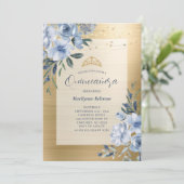 Dusty Blue Gold Floral Quinceañera Kaart (Staand voorkant)