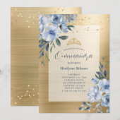 Dusty Blue Gold Floral Quinceañera Kaart (Voorkant / Achterkant)