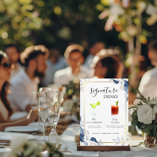 Dusty Blue Gold Floral Signature Drink Wedding Bar Reclamebord Met Voetstuk