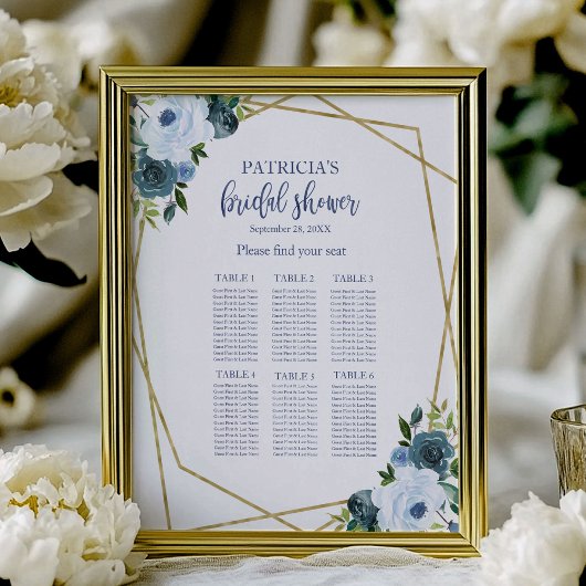Dusty Blue Gold Floral Vrijgezellenfeest Seating C Poster