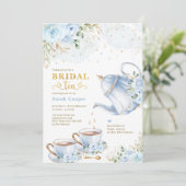Dusty Blue Gold Floral Vrijgezellenfeest Tea Party Kaart (Staand voorkant)