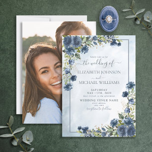 Dusty Blue Gold Floral Waterverf Fotoscript Kaart