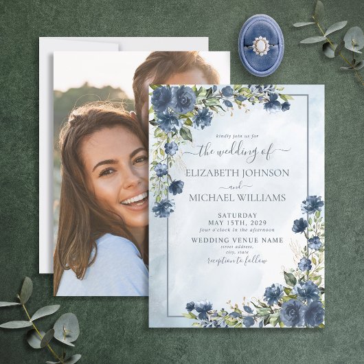 Dusty Blue Gold Floral Waterverf Fotoscript Kaart