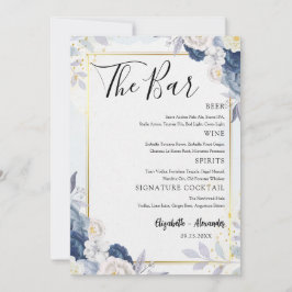 Dusty Blue Gold Floral Wedding Bar Menu Kaart