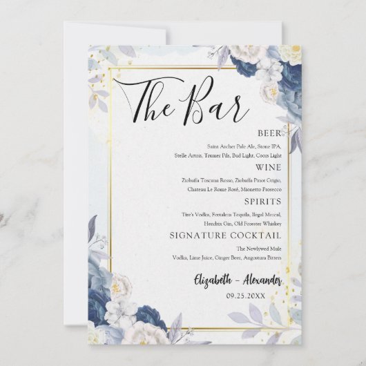 Dusty Blue Gold Floral Wedding Bar Menu Kaart (Voorkant)