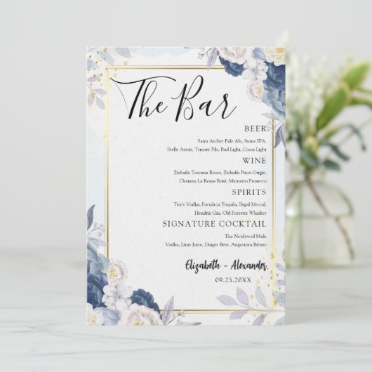 Dusty Blue Gold Floral Wedding Bar Menu Kaart (Staand voorkant)