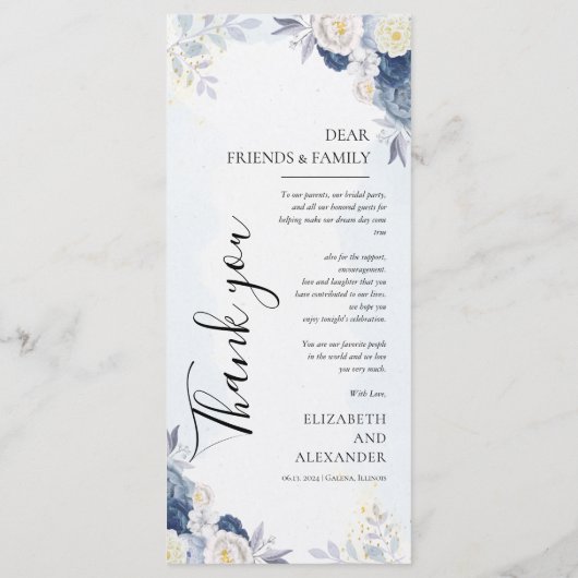 Dusty Blue Gold Floral Wedding Menu en bedankt (Achterkant)