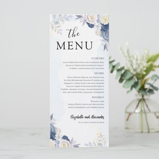 Dusty Blue Gold Floral Wedding Menu en bedankt (Staand voorkant)