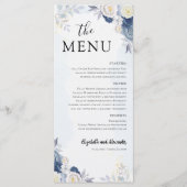 Dusty Blue Gold Floral Wedding Menu en bedankt (Voorkant)