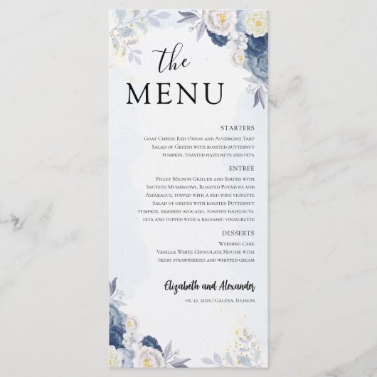 Dusty Blue Gold Floral Wedding Menu en bedankt (Voorkant)