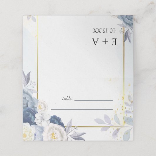 Dusty Blue Gold Floral Wedding Plaatskaartje (Buitenkant ongevouwen)