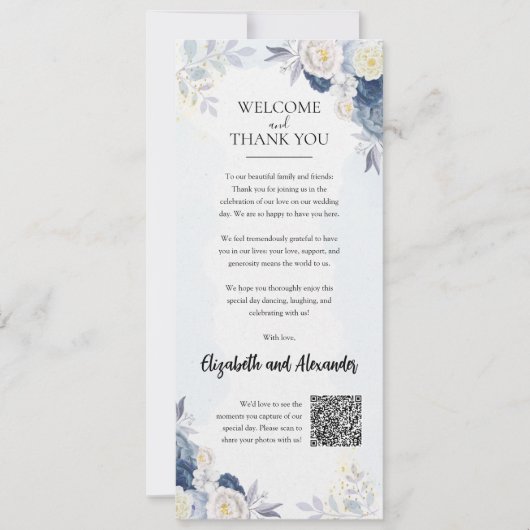 Dusty Blue Gold Floral Wedding Welkom Kaart (Voorkant)