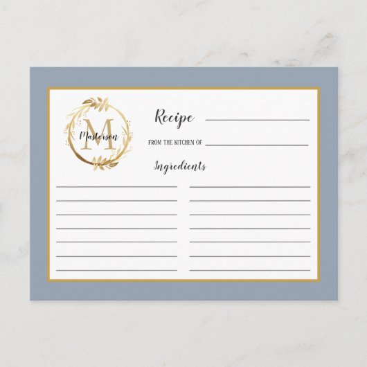 Dusty Blue Gold Foliage Monogram Recipe Kaart (Voorkant)