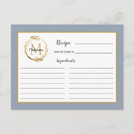 Dusty Blue Gold Foliage Monogram Recipe Kaart