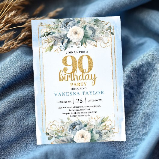Dusty Blue Gold Frame Modern 90th Birthday Invite Kaart