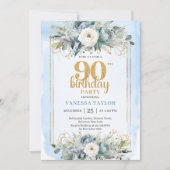 Dusty Blue Gold Frame Modern 90th Birthday Invite Kaart (Voorkant)