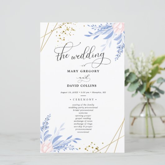 Dusty Blue Gold Geometric Floral Wedding Ceremony (Staand voorkant)