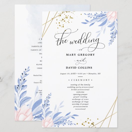 Dusty Blue Gold Geometric Floral Wedding Ceremony (Voorkant / Achterkant)