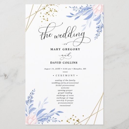 Dusty Blue Gold Geometric Floral Wedding Ceremony (Voorkant)