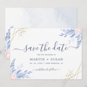 Dusty Blue Gold Geometric Pink Floral Wedding Save The Date (Voorkant / Achterkant)