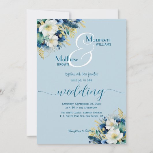 Dusty Blue Gold Glitter Bloemen en details Huwelij Kaart (Voorkant)