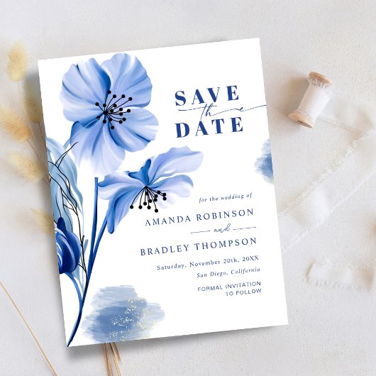 Dusty Blue & Gold Glitter Bruiloft Save The Date Kaart
