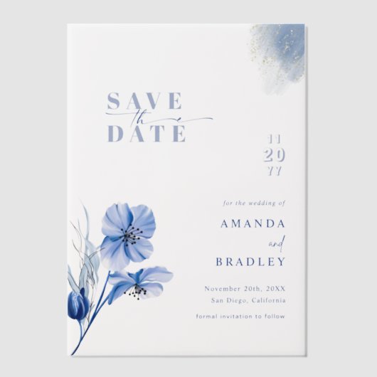 Dusty Blue & Gold Glitter Bruiloft Save The Date Vellum Uitnodigingen (Voorkant)