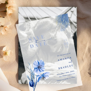 Dusty Blue & Gold Glitter Bruiloft Save The Date Vellum Uitnodigingen