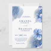 Dusty Blue & Gold Glitter Elegant Bloemen Bruiloft Kaart (Voorkant)