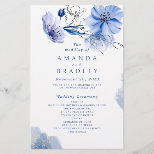 Dusty Blue & Gold Glitter Floral bruiloft programm (Voorkant)