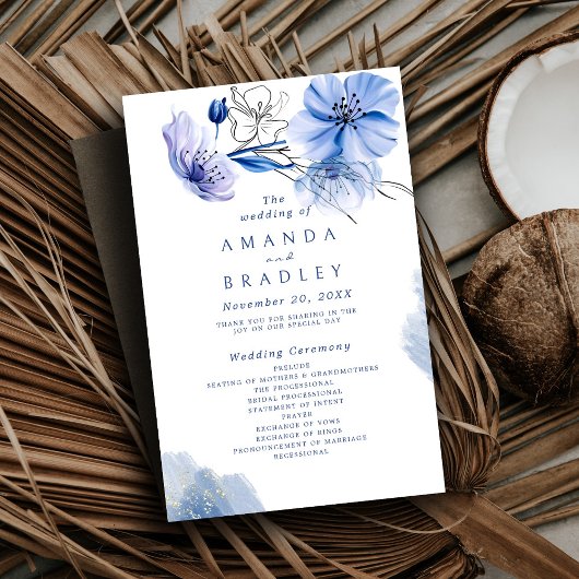 Dusty Blue & Gold Glitter Floral bruiloft programm