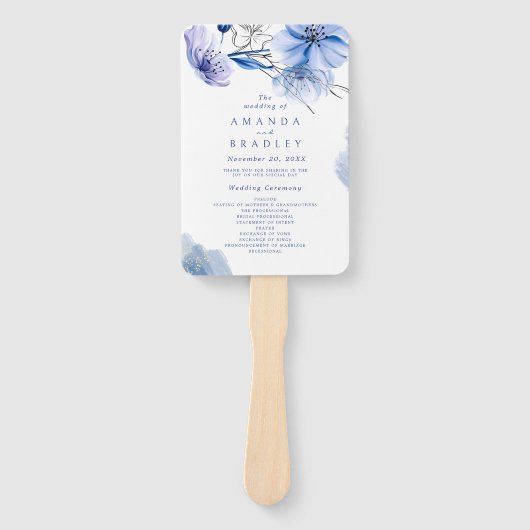 Dusty Blue & Gold Glitter Floral bruiloft programm Handwaaier (Voorkant)