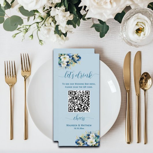 Dusty Blue Gold Glitter Floral QR Code Bar Menu