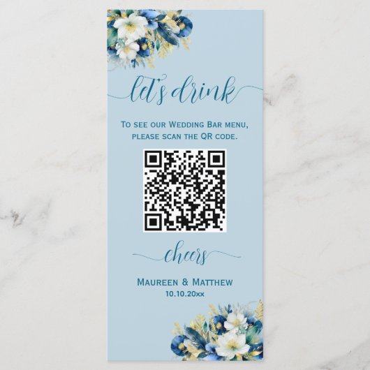 Dusty Blue Gold Glitter Floral QR Code Bar Menu (Voorkant)