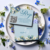 Dusty Blue Gold Glitter Floral QR Code RSVP Card