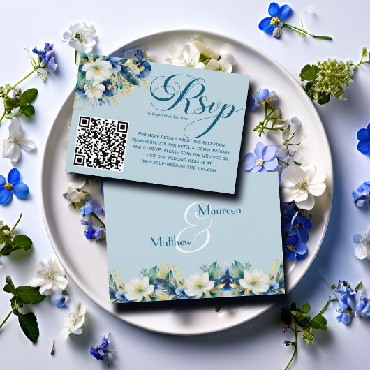 Dusty Blue Gold Glitter Floral QR Code RSVP Card