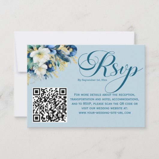 Dusty Blue Gold Glitter Floral QR Code RSVP Card (Voorkant)