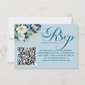 Dusty Blue Gold Glitter Floral QR Code RSVP Card Kaartje (Voorkant)