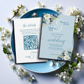 Dusty Blue Gold Glitter Floral QR Code Wedding Kaart