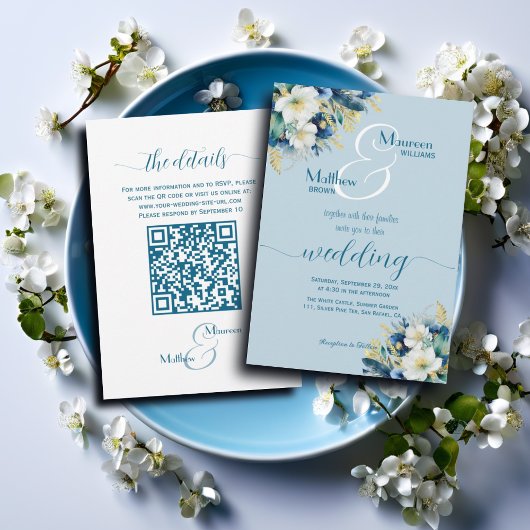 Dusty Blue Gold Glitter Floral QR Code Wedding Kaart