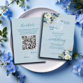 Dusty Blue Gold Glitter Floral QR Code Wedding Kaart