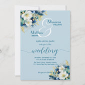 Dusty Blue Gold Glitter Floral QR Code Wedding Kaart (Voorkant)