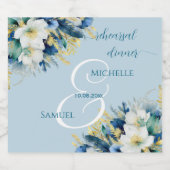 Dusty Blue Gold Glitter Floral repetitie diner Sparkling Wijnetiket (Enkel label)