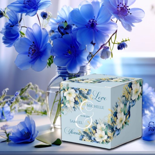 Dusty Blue Gold Glitter Floral Wedding Bedankdoosjes