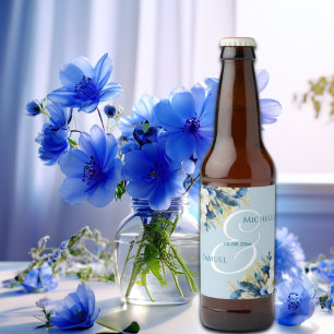 Dusty Blue Gold Glitter Floral Wedding Bier Etiket